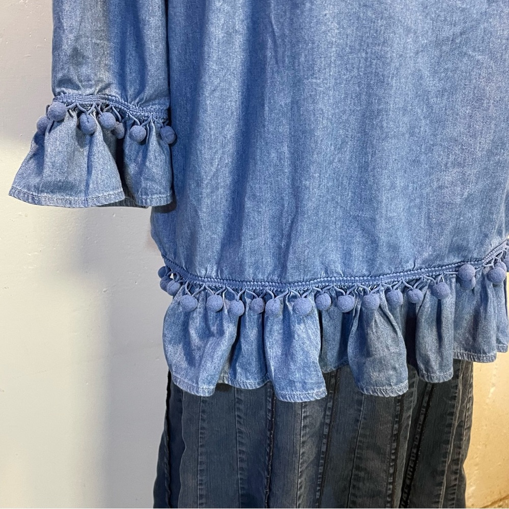 #0246 Hester & Orchard Denim Blue Ruffled Relaxed Blouse w/ Tassels-S - Picture 4 of 8